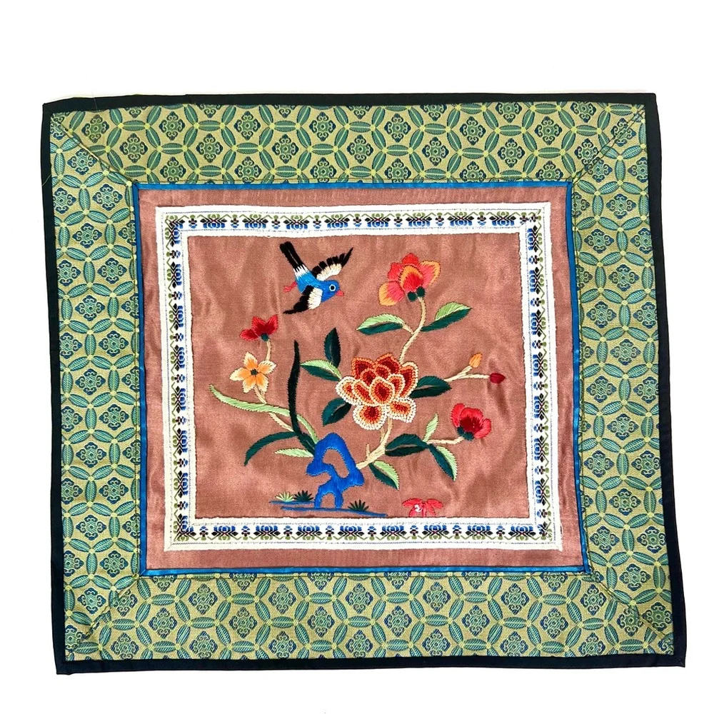 Vintage Chinese Silk Embroidered Floral Bird Panel